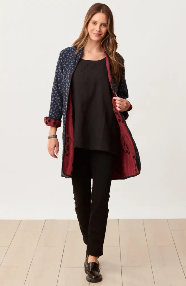 Amulya Reversible Band Collar Jacket - Pomegranate/Wave blue