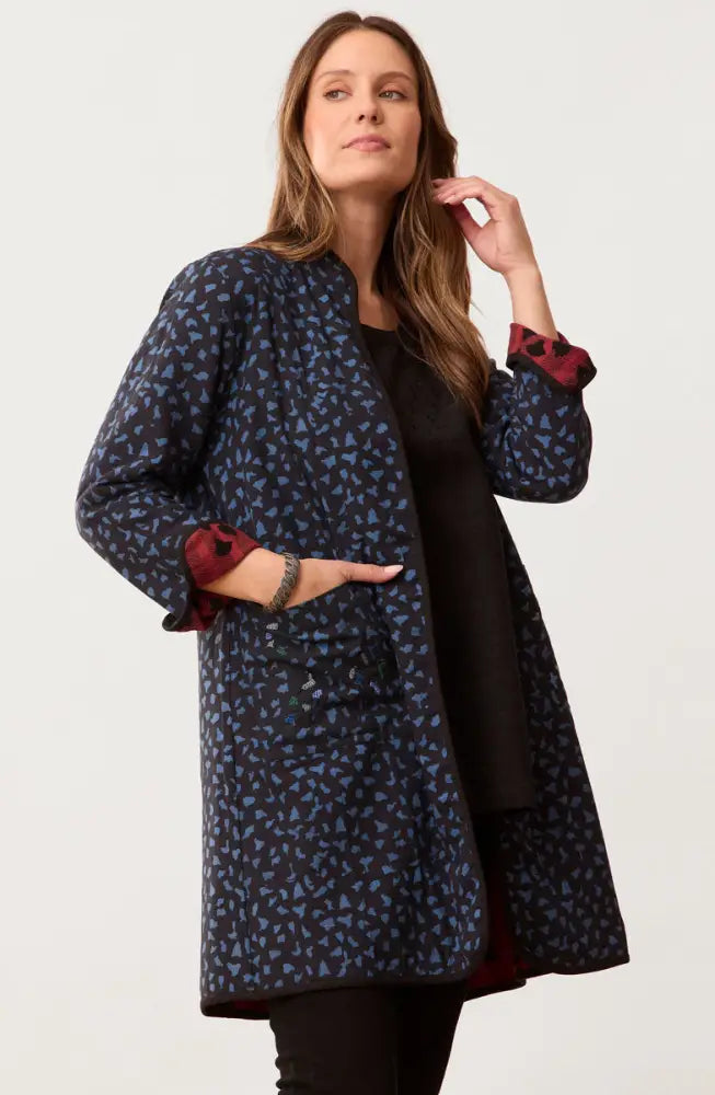 Amulya Reversible Band Collar Jacket - Pomegranate/Wave blue