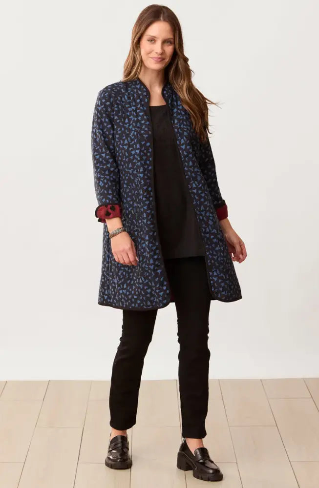 Amulya Reversible Band Collar Jacket - Pomegranate/Wave blue