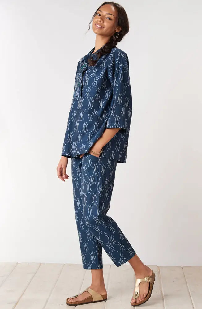 Disha Ikat Tapered Leg Pant - Navy