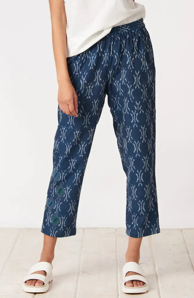 Disha Ikat Tapered Leg Pant - Navy