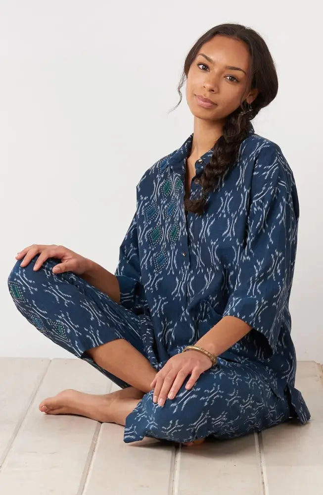 Disha Ikat Tapered Leg Pant - Navy
