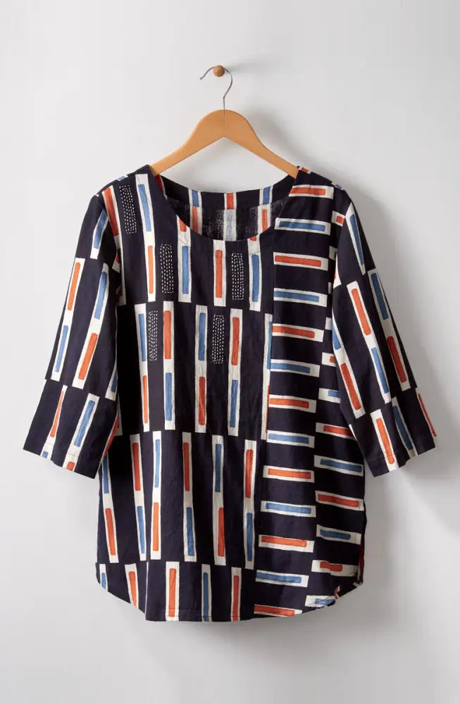 Divya 3/4-Sleeve Popover Top - Black/Multi
