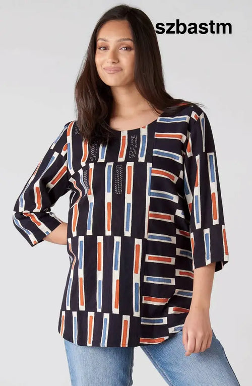 Divya 3/4-Sleeve Popover Top - Black/Multi - Black/Multi / PS (6-8)