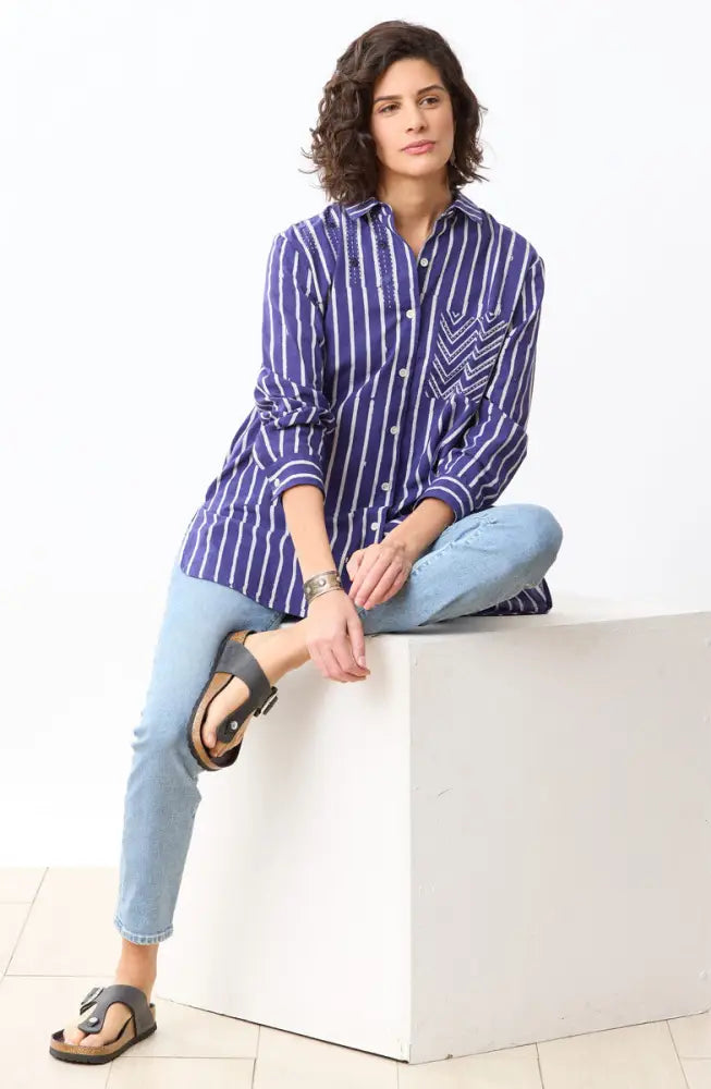 Rashida Button-Down Big Shirt - Dark celestial/White