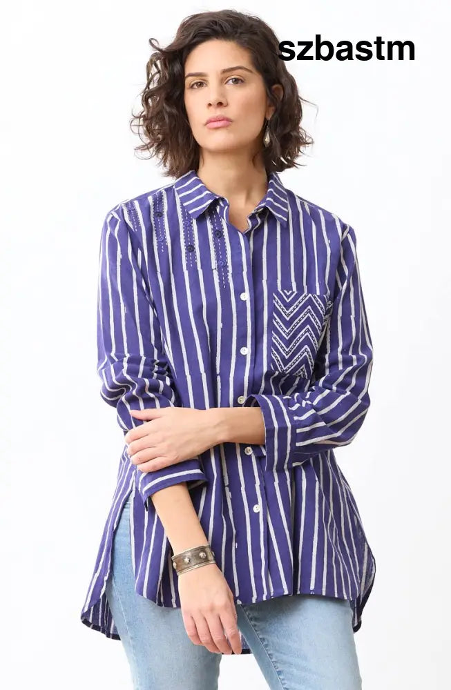 Rashida Button-Down Big Shirt - Dark celestial/White - Dark celestial/White / PS (6-8)