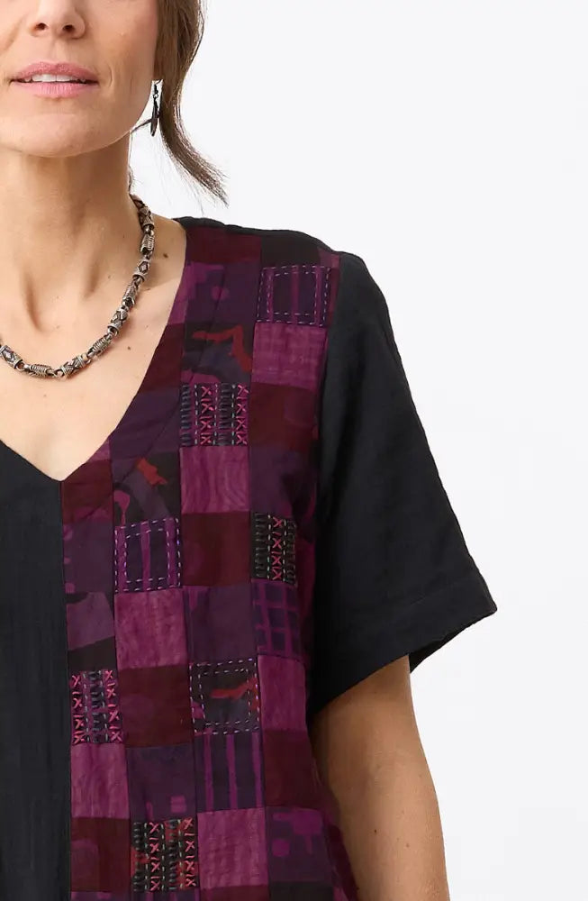 Rushila Upcycled Patchwork V-neck Tunic - Phlox purple