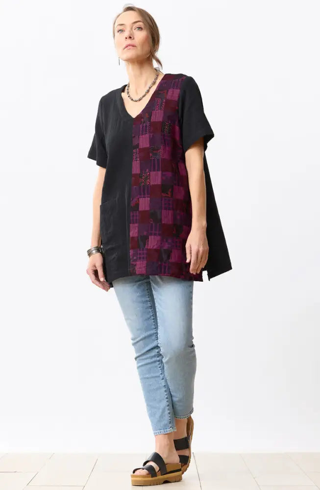 Rushila Upcycled Patchwork V-neck Tunic - Phlox purple