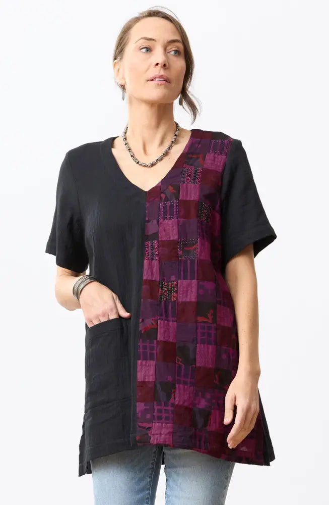 Rushila Upcycled Patchwork V-neck Tunic - Phlox purple