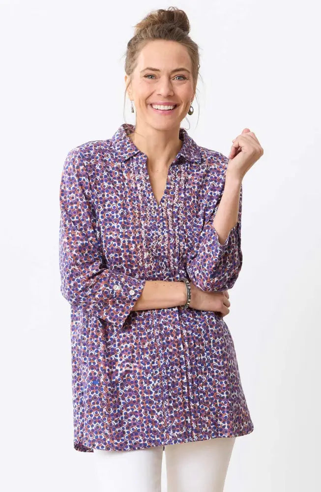 Tasneem Pullover Pleated Notch-Neck Top - Cobalt/Multi