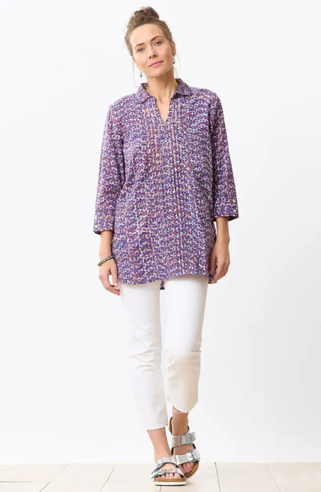 Tasneem Pullover Pleated Notch-Neck Top - Cobalt/Multi