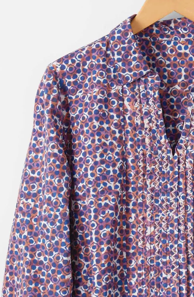 Tasneem Pullover Pleated Notch-Neck Top - Cobalt/Multi