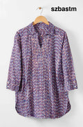 Tasneem Pullover Pleated Notch-Neck Top - Cobalt/Multi - Cobalt/Multi / PS (6-8)