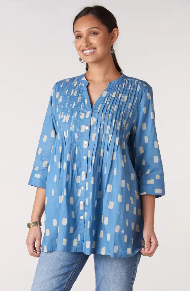 Vaishali Pleated Button-Down Tunic - Calm blue