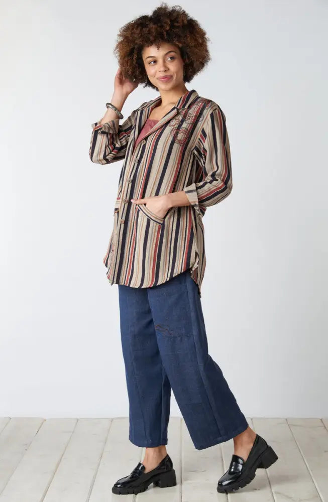 Vellore Block Print Herringbone Shirt Jacket - Cement/Multi