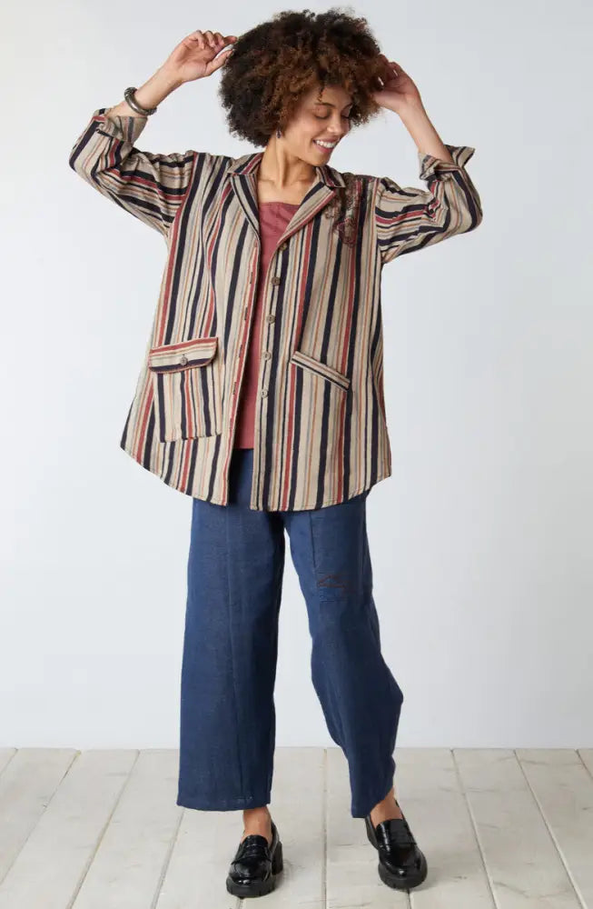 Vellore Block Print Herringbone Shirt Jacket - Cement/Multi