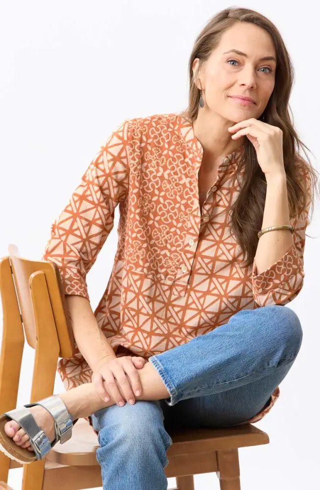 Vibha 3/4-Sleeve Band Collar Tunic - Copper