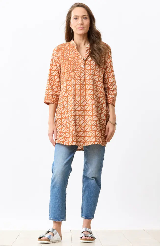 Vibha 3/4-Sleeve Band Collar Tunic - Copper