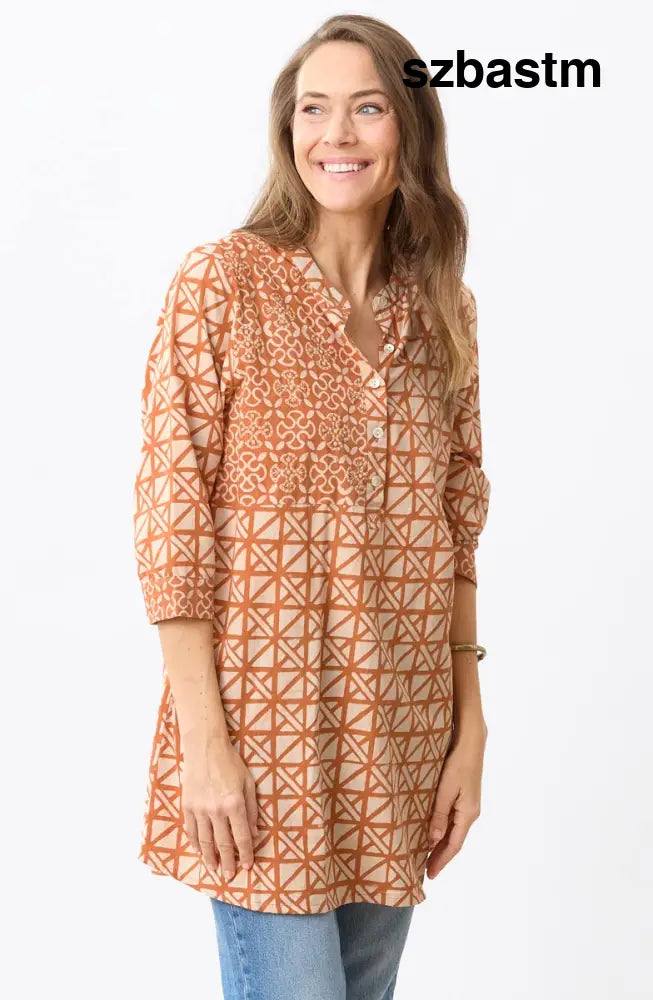 Vibha 3/4-Sleeve Band Collar Tunic - Copper - Copper / PS (6-8)